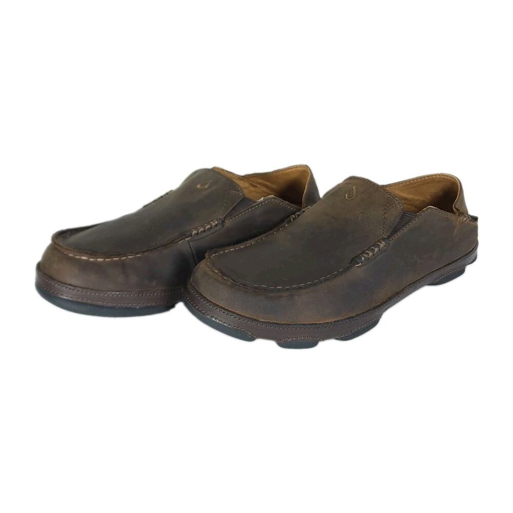 OluKai Men's Moloa US 8,5 Brown Nubuck Leather Slip On Moccasin Loafer Shoes